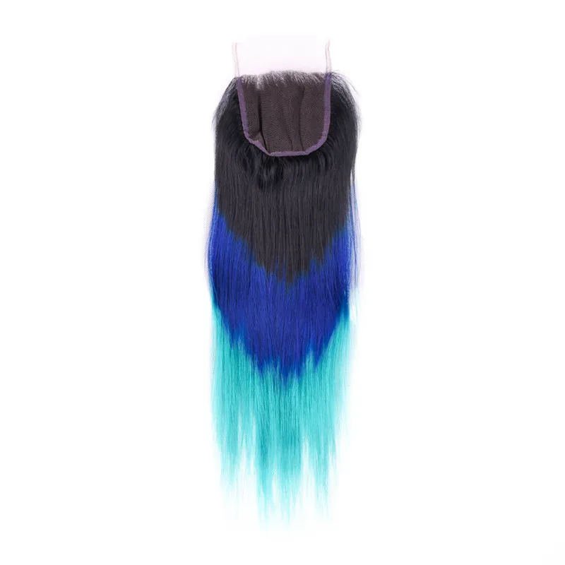 Прямой # 1B / синий / бирюзовый темный корень три тона Ombre Перуанские девственные плетения человеческих волос 3 пучка сделок с Ombre 4x4 кружева закрывающий кусок