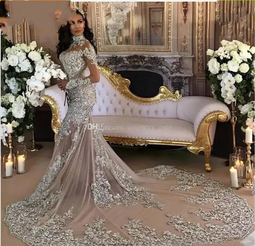 Nowe Silver Mermaid Suknie Ślubne Wysokiej szyi Długie Rękawy Aplikacje Cekiny Zroszony Illusion Sparky Saudyjska Arabska Suknia Bridal Real Image