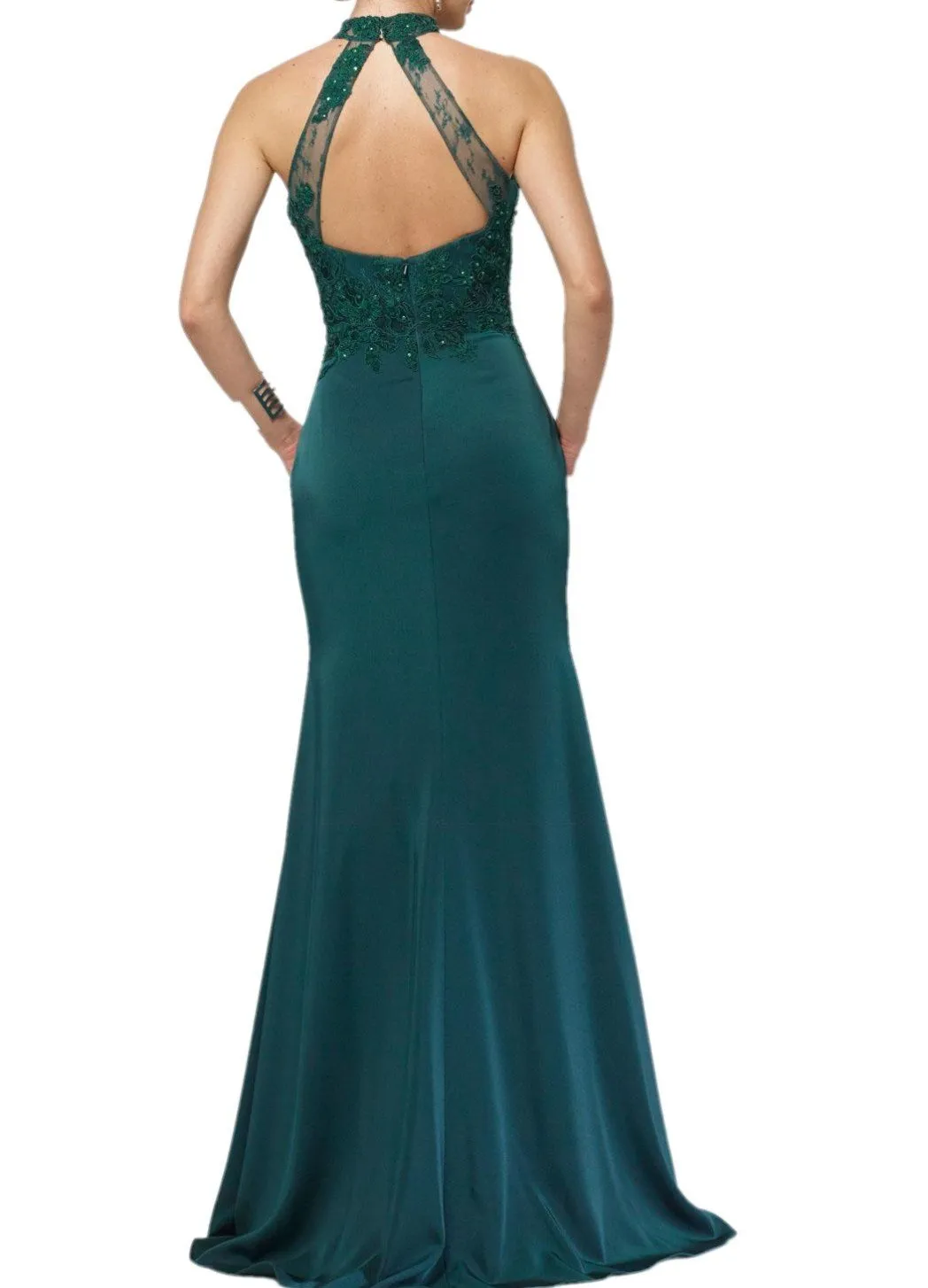 New High Quality Formal Evening Dresses Dark Green Elegance Halter Lace Sleeveless Backless Fishtail Prom Dresses HY142