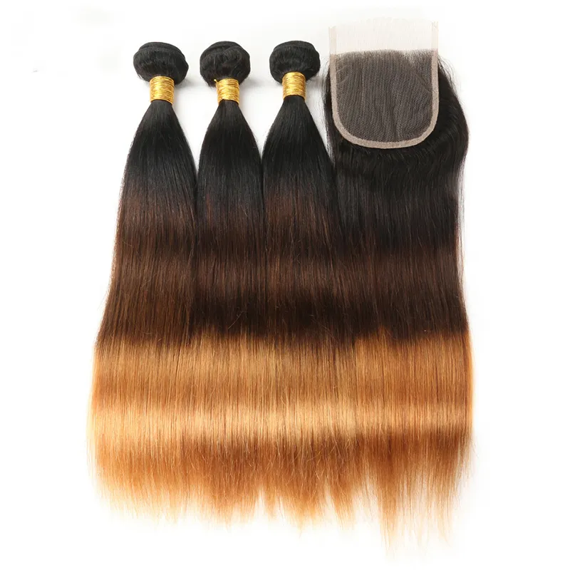 Pre-colored Ombre Brazilian Straight Weave Virgin Hair 3 Bundles With Lace Closure 4*4 inch 1b/27 Human Hair Extension Grade 10a