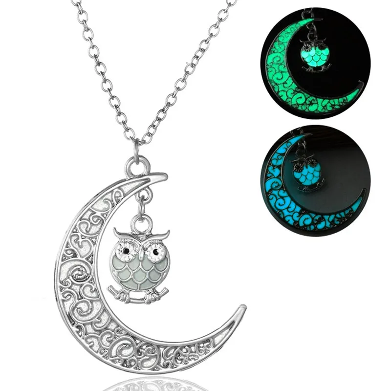 Collier hibou lumineux multicolore pendentif lune brillant dans le noir colliers de charme animal bijoux de mode pour femmes cadeau enfant volonté et sable