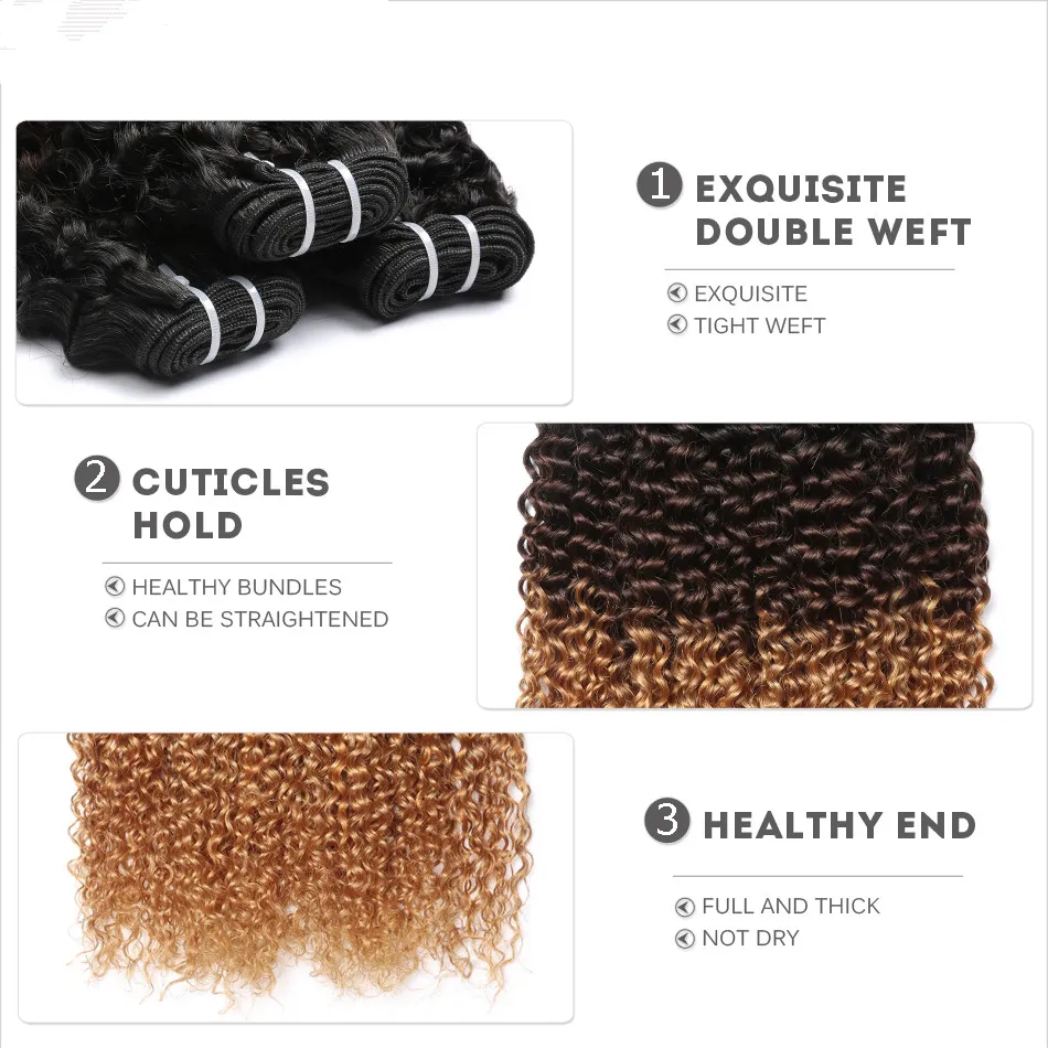 Brazilian Human Virgin Hair Weft Ombre 1b/4/27 Brown Blonde Kinky Curly Weaves Double Drawn 100g One Bundle