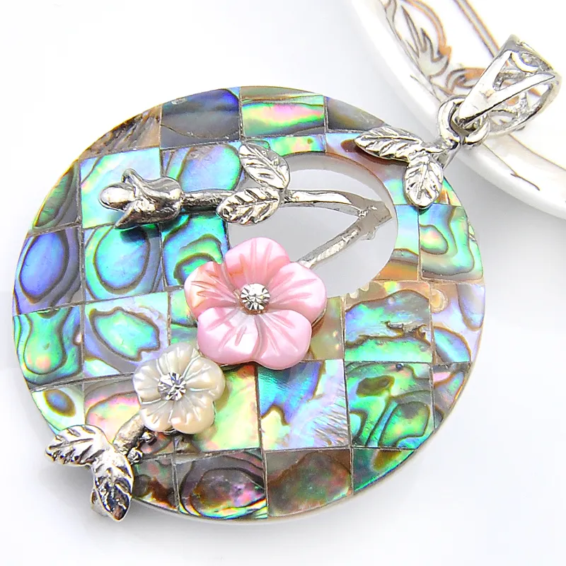 Luckyshine Round Natural Abalone Shell Pendenti in argento sterling 925 placcato gioielli ciondolo fiore donna unisex 1,5 