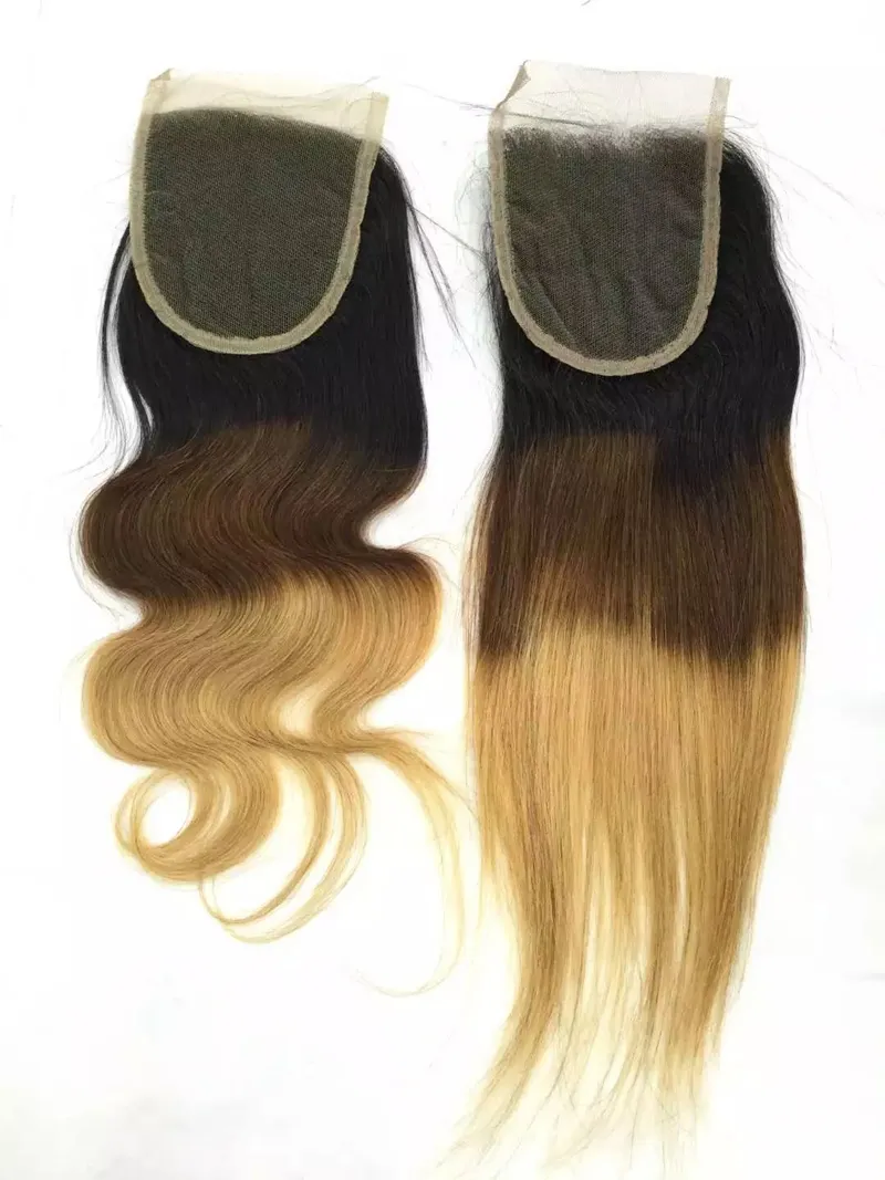 Brazilian Body Wave Mänskliga Remy Hair Weaves 3/4 buntar med stängning Ombre 1b / 4/27 färg Dubbelvitterar Hårförlängningar