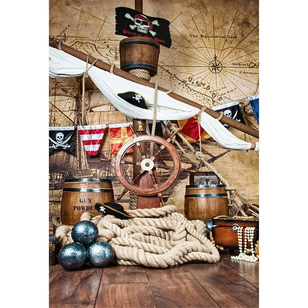 Arrière-plans de bateau pirate pour studio photo pont en bois volant drapeau carte vintage mur bébé douche nouveau-né enfants photographie décors