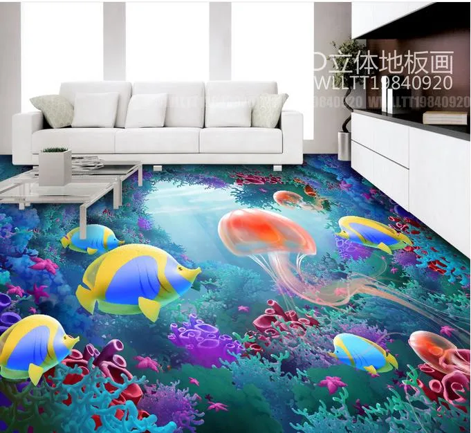 Su geçirmez PVC Duvar Kağıdı Sualtı dünya mercan balık stereoskopik 3D zemin duvarlar için duvar kağıdı
