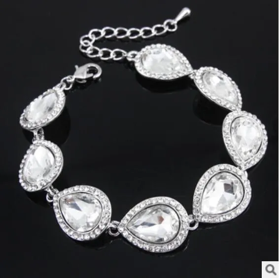 Hot New Crystal Bridal Sieraden Sets Zilver Kleur Teardrop Bruids Armband Oorbellen Sets Bruiloft Sieraden Gratis verzending