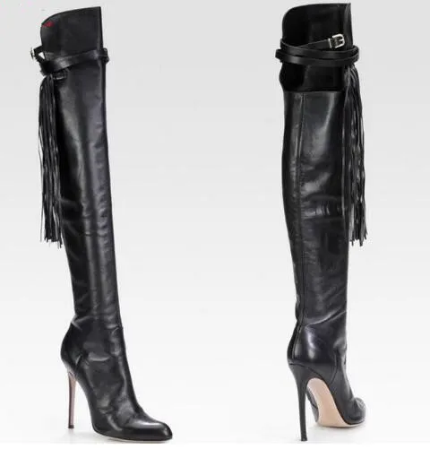 Bottes Femmes 2018 Moda Donna Scarpe Tacco a spillo Stivaletti con frange Punta a punta Cinturino con fibbia Stivali alti al ginocchio in pelle nera