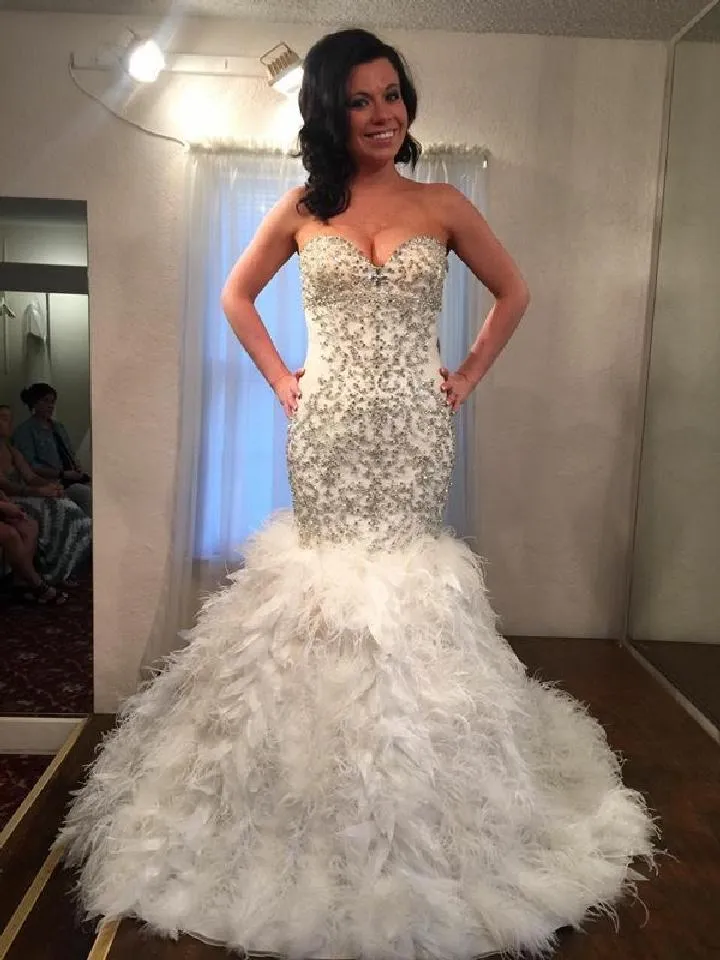 Luxury Mermaid Wedding Dresses Bling Beaded Rhinestone Feather Sequins Beach Wedding Gowns Sweep Train Sweetheart Plus Size Bridal6922032