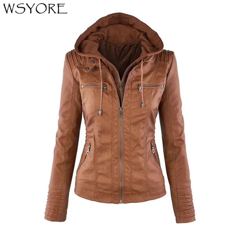 WSYORE Plus Size Leather Jacket Women Autumn and Winter Hooded Long-sleeve Slim Jackets Faux Leather Jacket Woman's Coat NS692