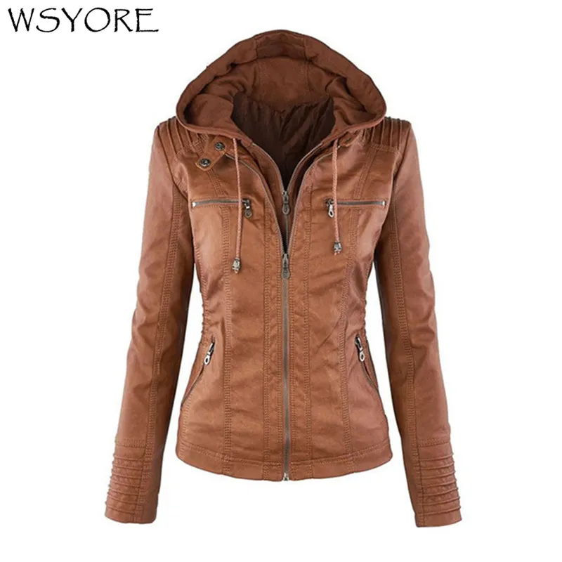 WSYORE grande taille veste en cuir femmes automne et hiver à capuche à manches longues vestes minces simili cuir veste femme manteau NS692