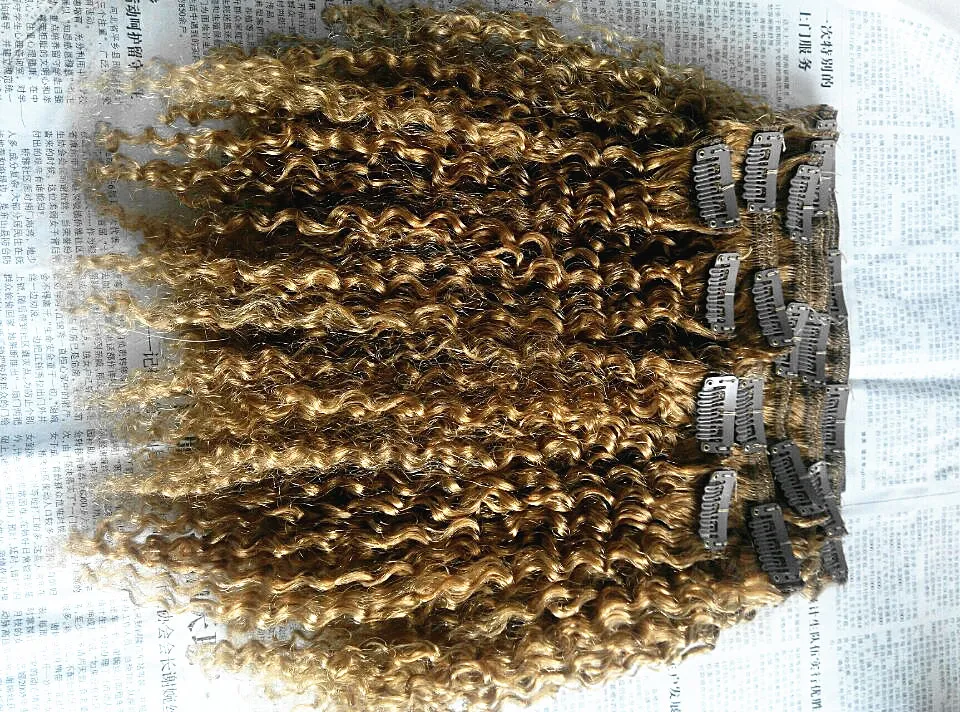 Brazilian Human Virgin Remy Clip Ins Hair Extensions Dark Blonde 270# Hair Weft Human Kinky Curly Hair Extensions Double Drawn Thick Wefted