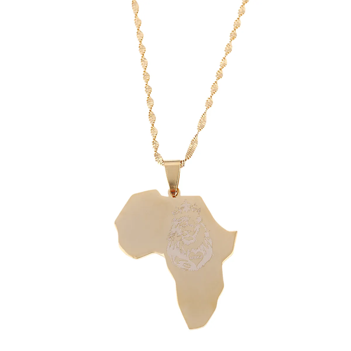 Edelstahl Afrika Löwe Herz Karte Halskette Gold Farbe Anhänger Kette Afrikanische Karte Geschenk für Männer Frauen äthiopischer Schmuck