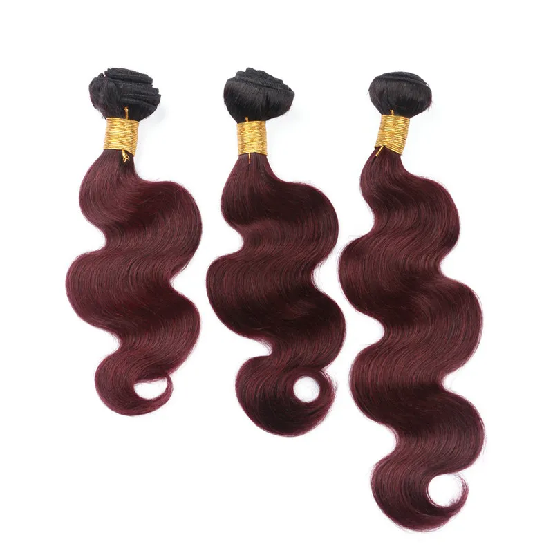 Paquets de cheveux humains péruviens ombrés rouge vin avec vague de corps frontale complète # 1B / 99J fermeture frontale en dentelle ombrée bordeaux 13x4 avec tissages