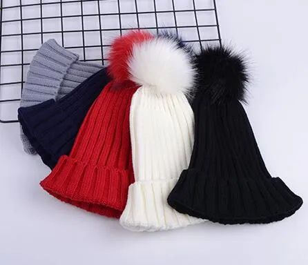 New Autumn Winter Big Girl Knitted Hat Wool Ball Solid Color Caps Women Mother Hats Beanies Hat