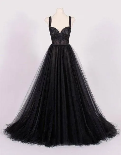 Real Sample 2018 Vintage Black Tulle Wedding Dresses With Lace Applique Spaghetti Straps Sweetheart Lace Up Back Bridal Gowns EN11208b