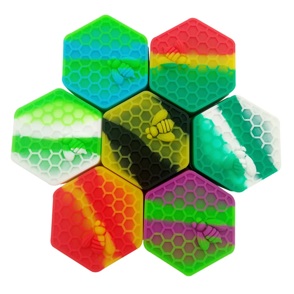 10pcs/lot 26ml hexagon with bee assorted color silicone container for Dabs wax Silicone Jars