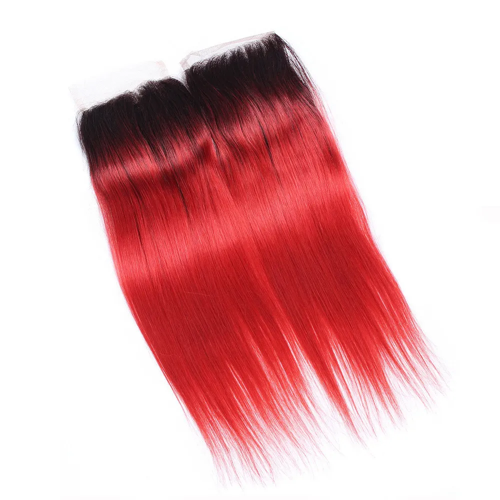 T1B Radice scura rossa Ombre Capelli umani peruviani Tesse 3 pacchi con chiusura Ombre rosse dritte Offerte con chiusura frontale in pizzo 4x4