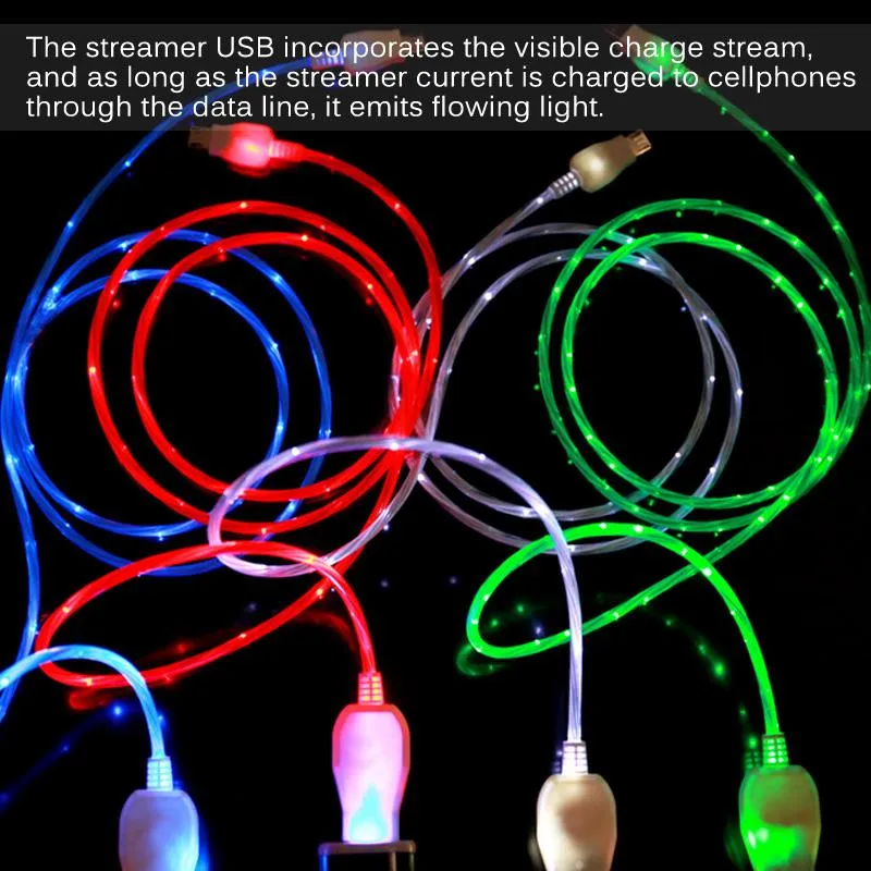 Flödande USB-kabeluppgradering Extra ljus briljant LED-micro Light Up Laddning Laddare Data Kabel W / Riktningsflödesflöde Opp Bag