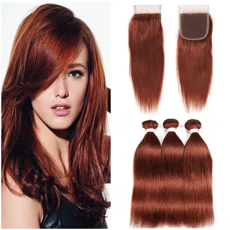 Malaysian Dark Auburn Human Hair Bundles with Lace Closure 4x4 Silky Straight Copper Red Virgin Hair Weaves Extensions with Top Closure