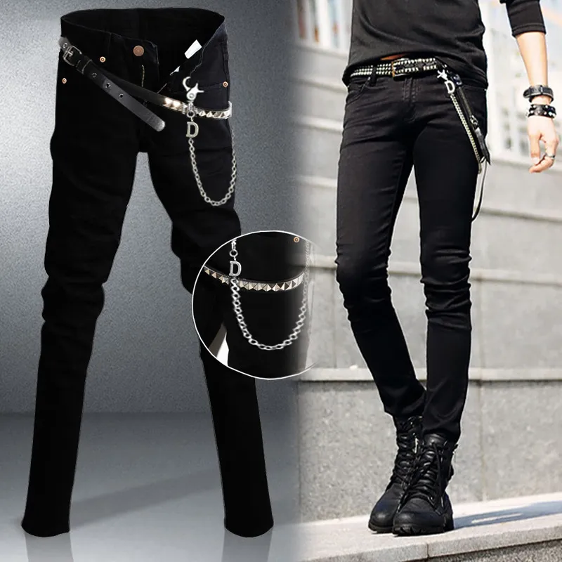 Vente Hommes Coréen Designer Noir Slim Fit Jeans Punk Cool Super Skinny Pantalon Avec Chaîne Pour Homme S913314E