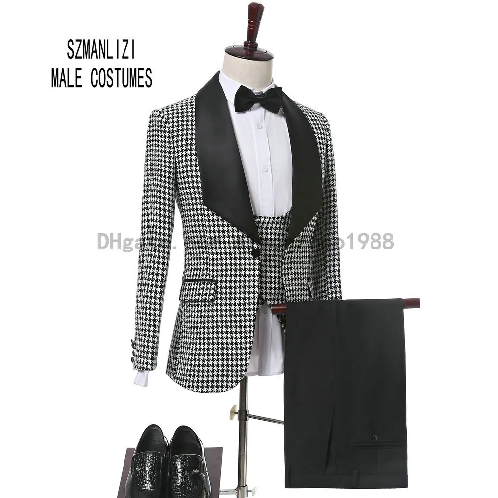 Ny ankomst 2018 italiensk design 3 stycken smal passform plaid formell kostym bär brudgum tuxedos groomsmen män bröllop middag fest kostym brudgum