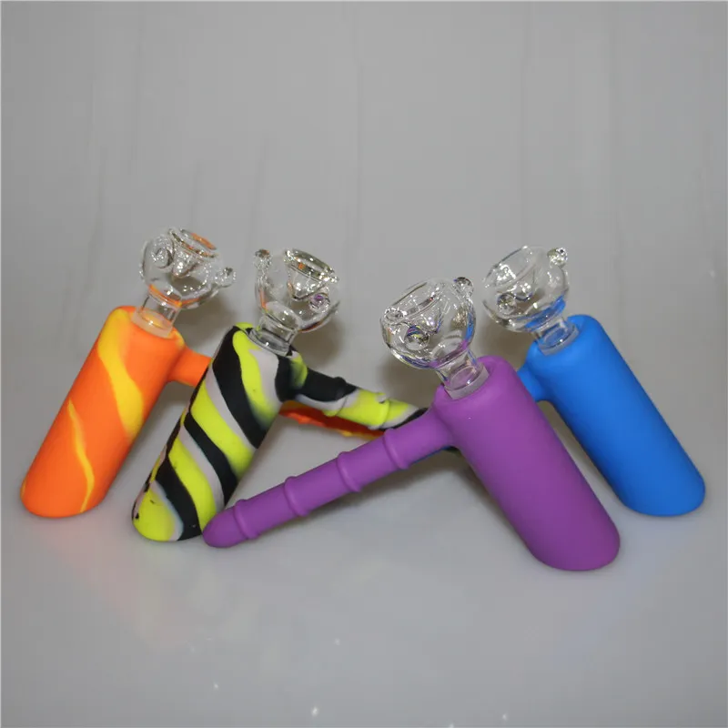 Silicone Smoking Water Pipes Hookah Unbreakable Perc Water Bongs Hammer Bubbler With 18mm Male Glass Bowls Silicon Bong