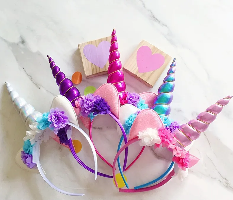 Children Girls Hairbands Hair Sticks DIY Glitter Unicorn Horn Headbands Girls Kids Easter Bonus Hair Bows Flower Party Baby Hair Accessories