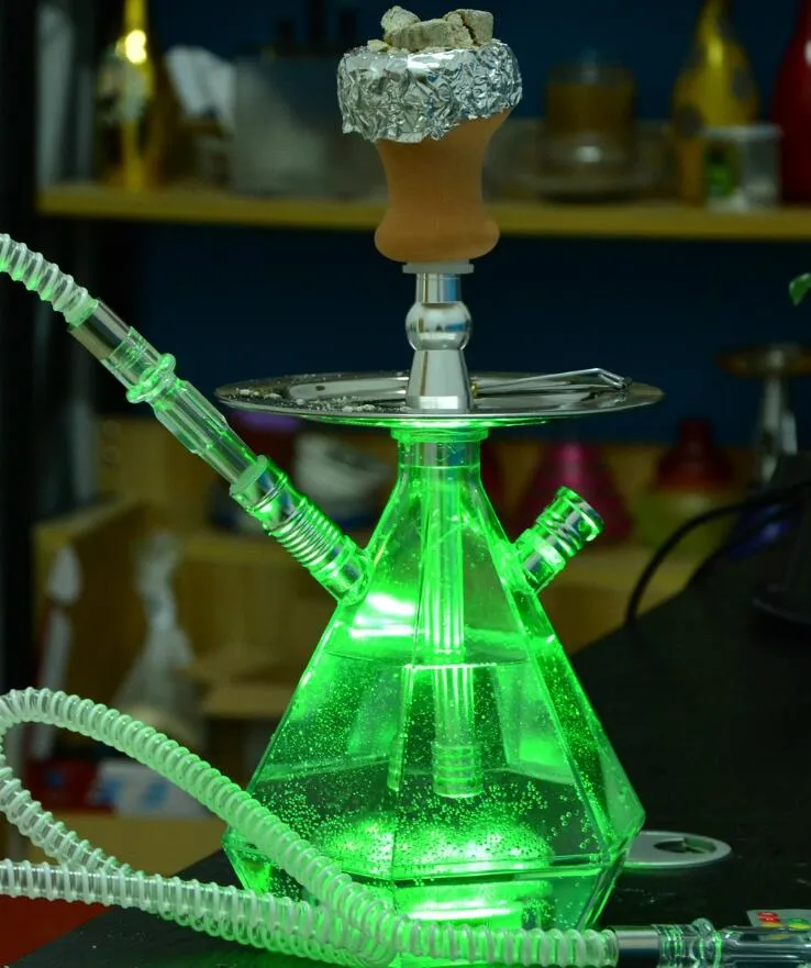 Dubbel HOOSHAH SHISHA BONG RÖKNING PIPE Akryl Set Cool Ceramic Bowl Arab Stem Tools Oil Rig Lamp Lamp Two Hose Diamond