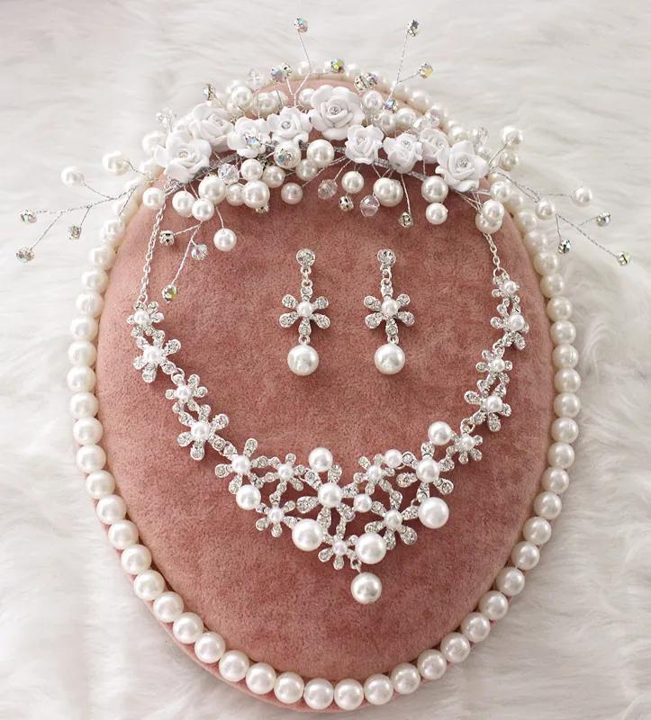 clay flowers pearl crystal bridal jewelry sets necklace earrings tiara jewelry sets for brides tiara wholsale