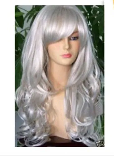 Cos Long prata cabelo branco com bang peruca cheia de Cosplay