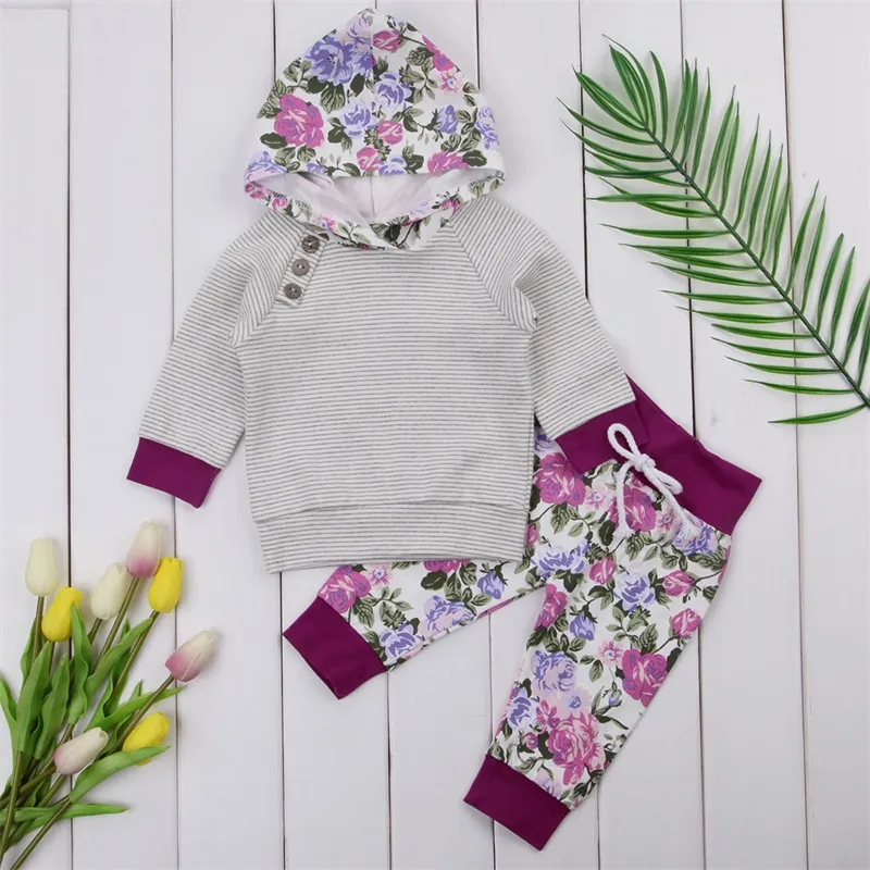 Nouveau-né Bébé Vêtements Filles Floral Rayé À Capuche Tops + Fleur Pantalon Leggings Enfants Vêtements Ensemble Filles Tenues Toddler Filles Vêtements Ensemble