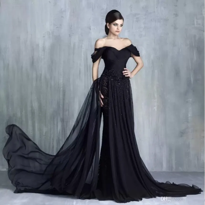 Tony Chaaya Latest Lace Evening Dresses Off Shoulder Black Pleated Party Gowns Mermaid Beaded Chiffon Formal Wear Custom Made Prom Dress