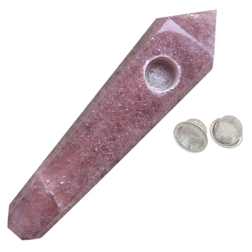 Dingsheng Natural Röd Jordgubb Quartz Rökning Pipe Crystal Stone Wand Point Cigars Rör med 2 Metallfilter för hälsa Rökning