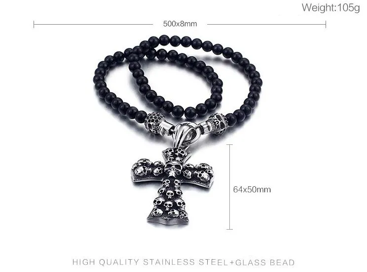Fashion Punk Rock Black Glass Bead Skull Pendant Necklace For Men Women Stainless Steel Cross Necklaces & Pendants 50CM Long Jewellery