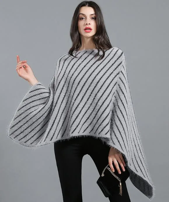 Новые осенние женские трикотажные пуловеры Poncho Lady's Stripe Cloak Cape Tops Knitwear Sweater White C3579
