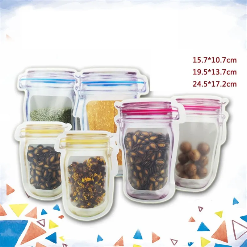 Wholesale Mason Jar Shaped Food Container Plastic Bag Clear Mason Bottle Modeling Zippers Storage Snacks Plastic Box LZ1827