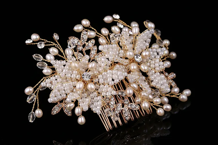 Pettini capelli da sposa in argento dorato Perle Pettine capelli da sposa in cristallo Copricapo da sposa ragazze Copricapo Copricapo Fiori Accessori capelli