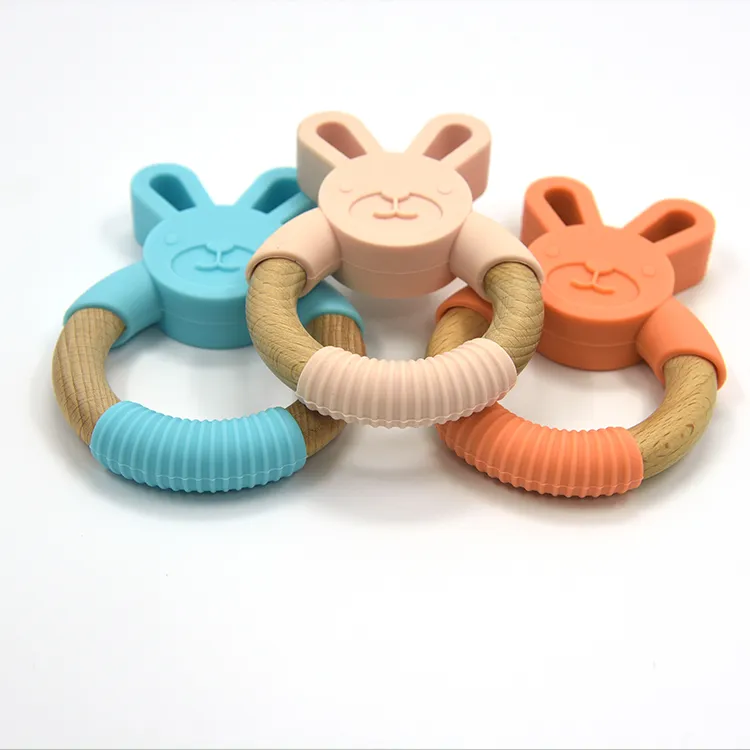 Bunny Silicone Teether och Wood Teething Ring Baby Chewable Leksaker Ekologisk Trä Ring Mat Grad Silicone Soother Spant Gifts
