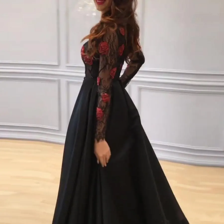 2018 Yousef Aljasmi Arabski Black Prom Dresses z długim rękawem Side Dress Dress Evening Wear 3d Appliqued Appliqued Party Dress