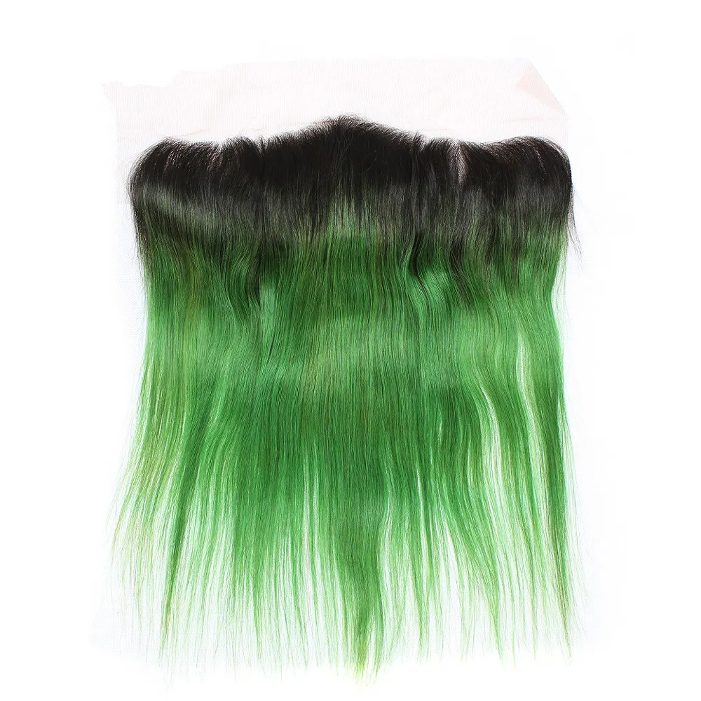 Virgin Peruvian Ombre Green Human Hair Weaves Extensions with Frontal Closure Straight 1B/Green Ombre Hair Bundles with Lace Frontal 13x4