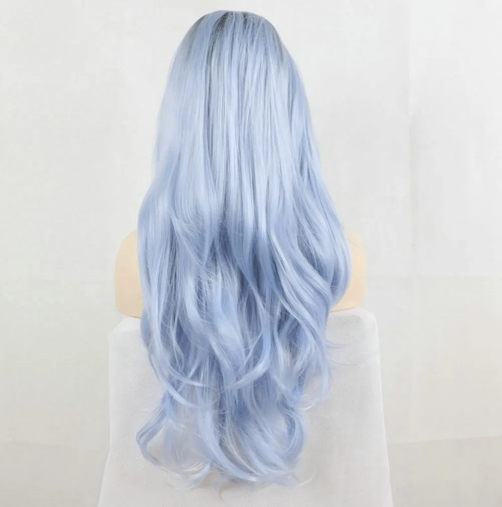 Fantasia Beleza Fantasia Beleza Raiz Escura Ombre Pastel Pastel Azul Calor Resistente Fibra Cabelo Longo Natureza Onda Luz Azul Sintético Lace Perucas dianteiras