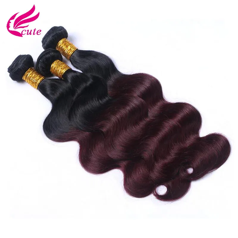 12-26 Zoll Länge 1B/99J# Ombre Body Wave 3 Bündel Haar 100 % brasilianisches reines Menschenhaar, weinrote Tressen, 100 g/Stück