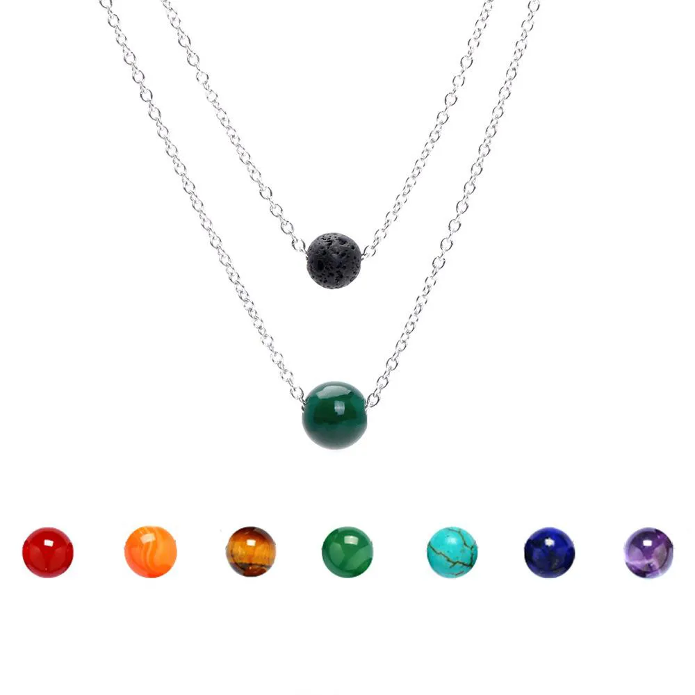 New 8mm Lava Rock and 10mm 7 color Chakra Stone pendant Multi-layered necklaces Silver Stainless steel chain For women Fashion Jewelry