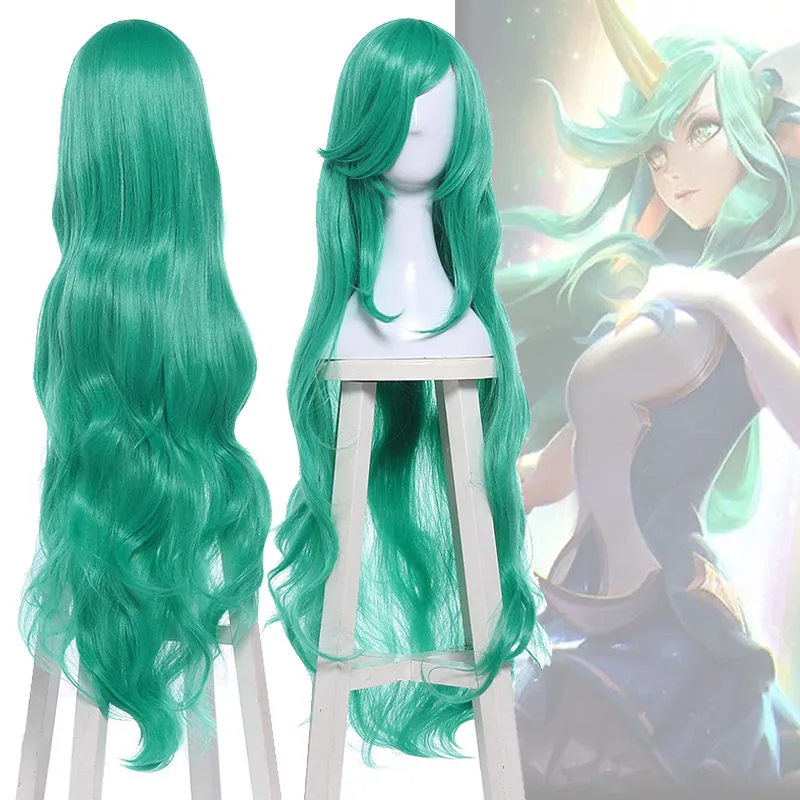 League of Legends LOL Soraka Long Wavy Curly Green Cosplay Full Peruk Party Peruker