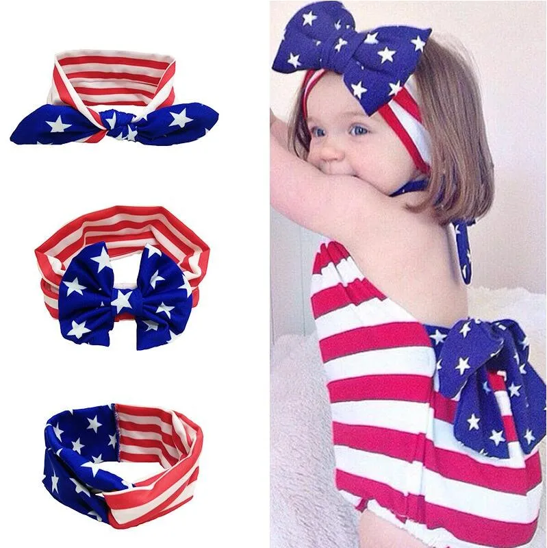 Nya nyfödda amerikanska stjärnor Stripes Flag Headband National Day Kids Bow Elasticitet Hårband Hårtillbehör