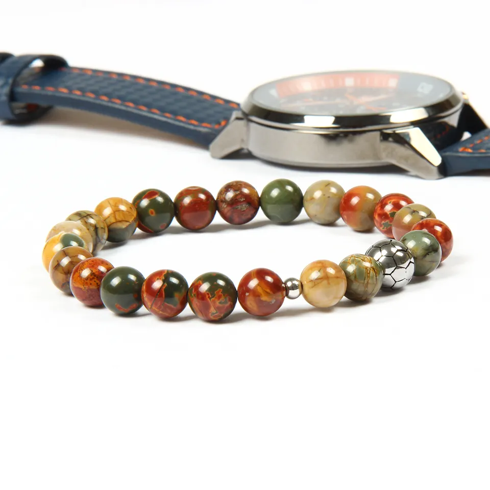 Bracelets de Football en acier inoxydable, de 10 pièces entières, perles en pierre naturelle multicolores de 8mm, avec Bracelet de Football, cadeau 254i