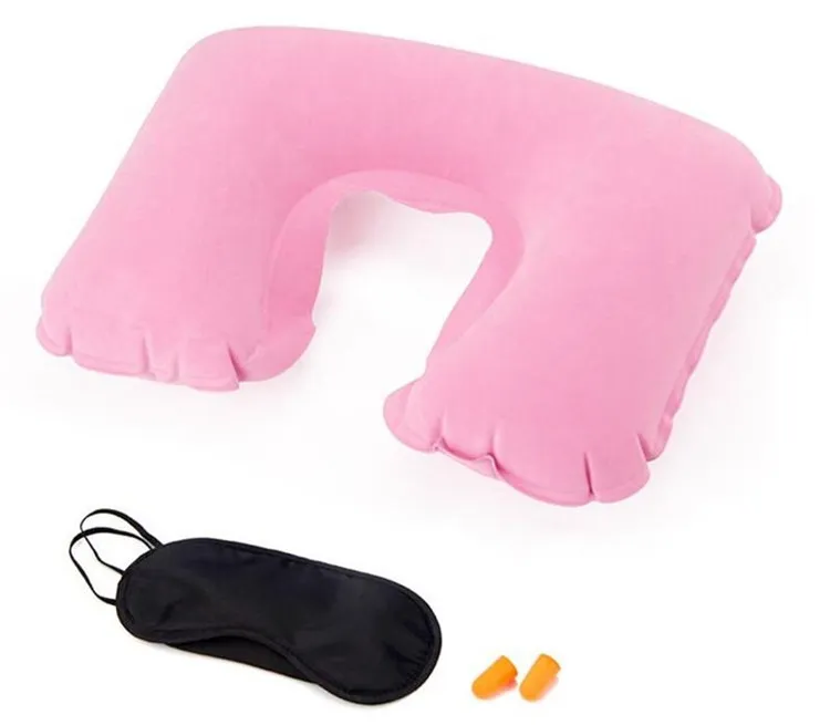 Nuovo set da ufficio da viaggio 3 in 1 Cuscino d'aria cuscino da collo gonfiabile a forma di U + Maschera gli occhi addormentata Visiera + Tappi le orecchie