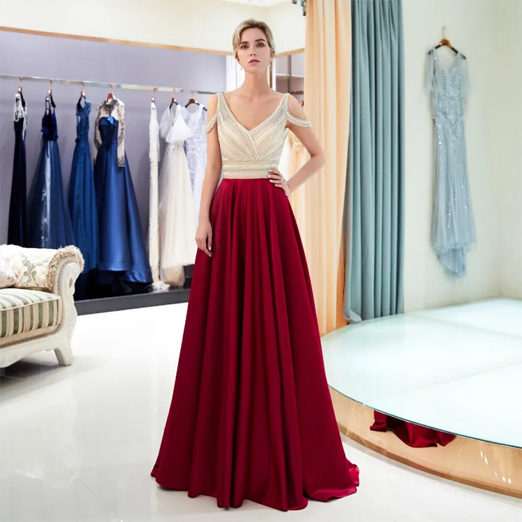 Crystal V-Neck Off-Shoulder Red Formal Cocktail Dress - Elegant Tulle Sleeveless Evening Gown HY369