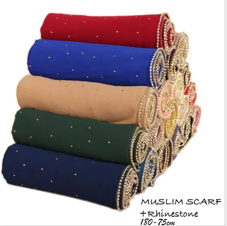 New Muslim Hijab Women Shimmer Scarf Rhinestones Diamonds Chiffon Glitter Hijab Head Coverings Wraps Fashion Scarves Islamic Hijabs 19 COLOR
